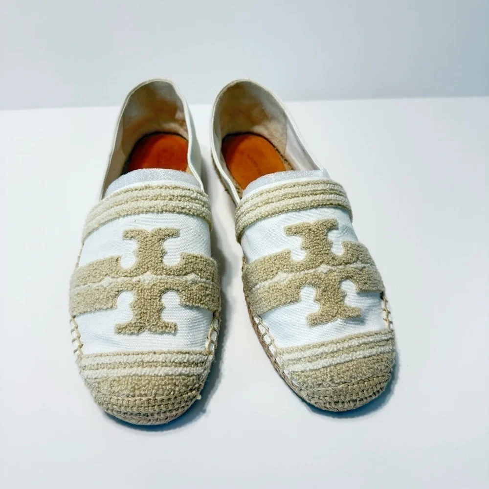 Tory Burch Ines Double T Canvas Espadrilles White Coastal Tan Flat Sz 10 Summer